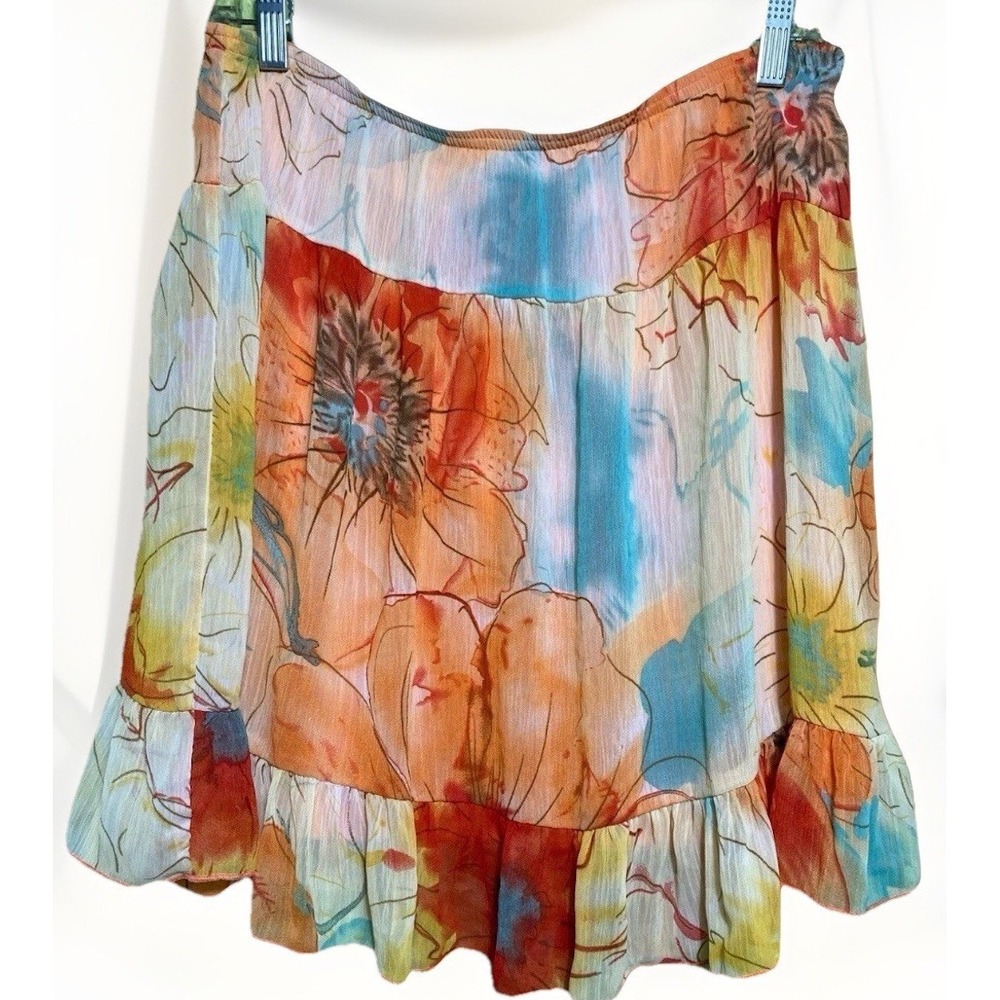 Wrapper Floral Ruffle Mini Skirt Orange Blue Boho Chiffon Lined Large‎